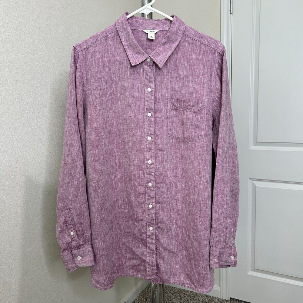 L. L. Bean Button Up Shirt Womens 1X Purple Linen Coastal Beach Lagenlook Summer